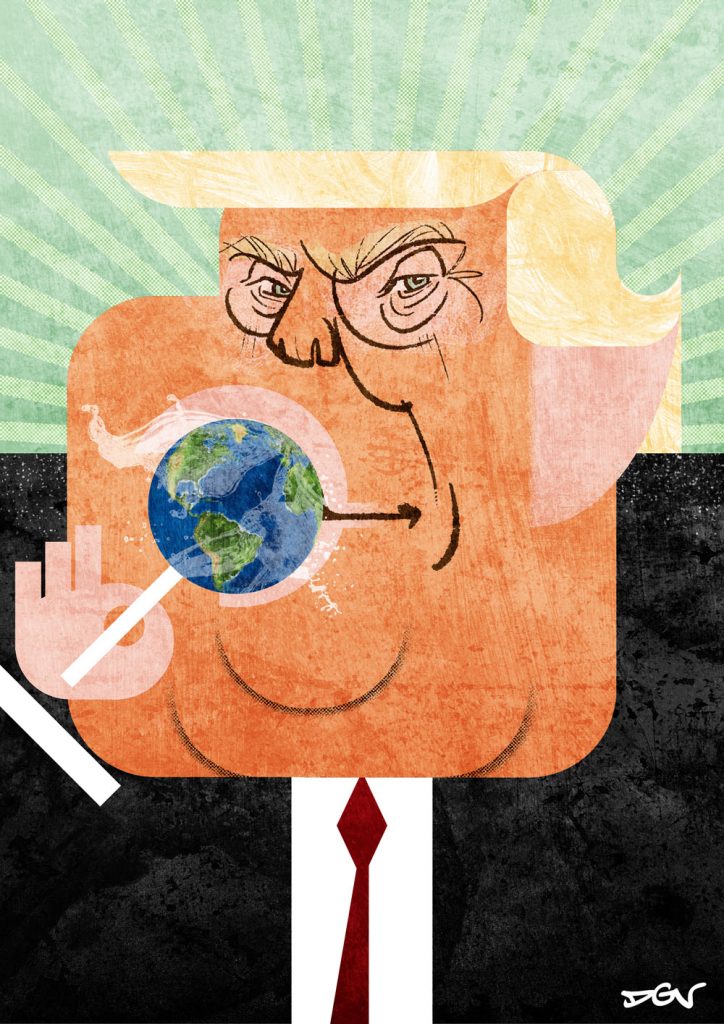 Caricatura de Donald Trump para la exposición "Nuestro planeta (Amenazas, desastres y soluciones)", dentro de la XXVII Muestra Internacional de las Artes del Humor, organizada por el Instituto Quevedo de las Artes del Humor.